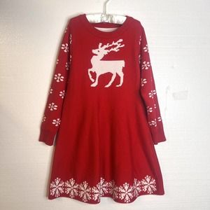 Winter Christmas Girls Red Reindeer Snowflakes Knit Sweater Dress